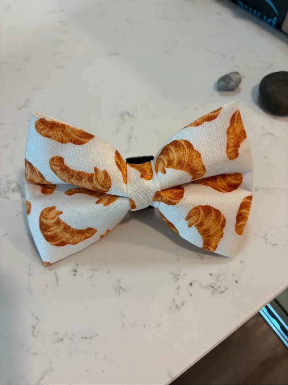Croissant Print Dog Bow Tie Collar Accessory in White and Brown